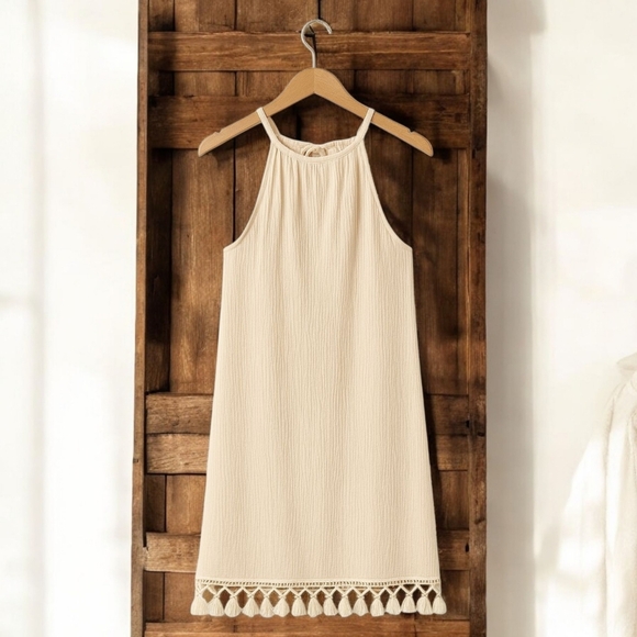 πBoho Chic Cream Halter Tassel Mini Dress | Relaxed Fit Plus Size Summer Dress - Picture 6 of 12